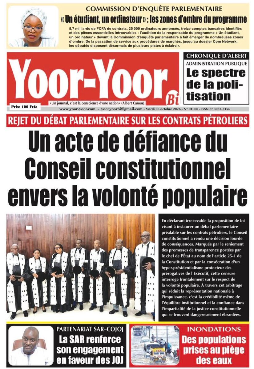Yoor_Yoor_Bi's tweet photo. La Une de Yoor-Yoor Bi de ce mardi 06 octobre 2026
À vos kiosques et bonne lecture!
#Bu_Baax_Bi  #Yoor_Yoor_Bi https://t.co/HlWhRkTP2i