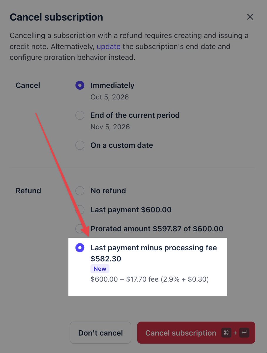 damonchen's tweet photo. hey @stripe

feature request: a "refund minus processing fee" option in the cancel subscription modal

would save my day! https://t.co/425Te44o89