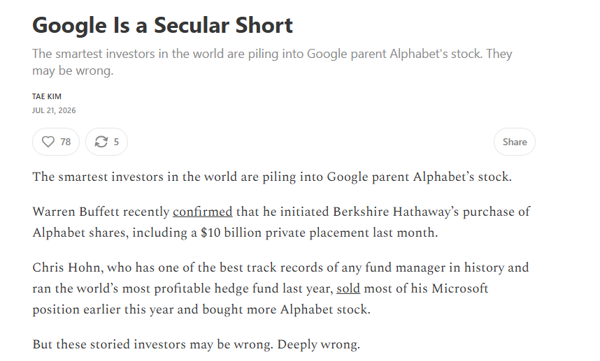 Restructuring__'s tweet photo. > One day in 2026, they will call Google a Secular Short
> What are you talking about? I thought Google was the best business to ever exist. 
> Nah, don't list to Warren Buffett or Chris Hohn. Go read "Sebastian Mallaby’s book The Infinity Machine"
> What?? https://t.co/BZ52erPuqA