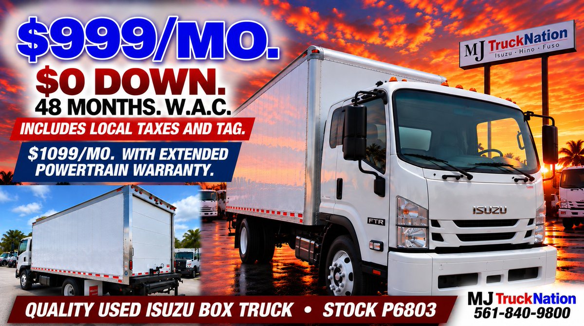 MJTruckNation's tweet photo. 🚛 26’ BOX + LIFTGATE. $0 DOWN!

2018 Isuzu FTR Diesel

��� 26’ Van Body + Liftgate
🔹 25,950 GVWR
🔹 220,713 Miles

💥 $999/MO | 48 MO | $0 DOWN
🛡️ $1,099/MO w/ Extended Warranty

Stock #P6803 | W.A.C.

📲 DM us!

#MJTruckNation #IsuzuFTR #BoxTruck https://t.co/BfJSRxahds