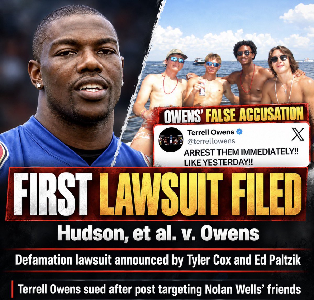 SarahisCensored's tweet photo. BREAKING - THE FIRST LAWSUIT HAS BEEN FILED!

My friend Brandon Tatum exclusively broke the news just a short time ago: the first lawsuit announced by attorneys J. Tyler Cox and Edward Andrew Paltzik has now been filed in connection with the relentless accusations surrounding the death of Nolan Wells.

The defendant is former NFL star and Pro Football Hall of Famer Terrell Owens. The plaintiffs are Warren Hudson, Jax Pitalo, and Morgan Seymour, three of Nolan Wells’ friends who the lawsuit says have been falsely accused of being involved in Nolan’s death and a supposed cover-up. The federal complaint, filed in the Southern District of Mississippi, brings claims for defamation per se and false light and demands a jury trial.

The lawsuit centers around a September 26 post made by Owens on X. Owens shared a link to a video from “Trent Out Loud” featuring a photograph of Warren, Jax, and Morgan and wrote: “ARREST THEM IMMEDIATELY!! LIKE YESTERDAY!!” 

According to the complaint, the video Owens promoted accused the three young men of murdering Nolan and tampering with Nolan’s phone afterward to cover it up. The complaint argues that Owens’ own statement, combined with his endorsement of the video, falsely accused these young men of extremely serious crimes, including murder and evidence tampering. 

The grand jury had already spoken. The complaint states that the Jackson County Grand Jury unanimously returned a No True Bill after what it described as a thorough investigation into Nolan’s death. 

The complaint also lays out a detailed timeline of what Warren and the others actually did. It states that Nolan voluntarily stayed behind on Horn Island while the larger group departed around 1628.  Later that night, when Nolan had not returned, Warren began trying to locate him. The lawsuit states that Warren called Nolan’s mother, Christine Wells, told her Nolan had not returned with the group, and then personally contacted the United States Coast Guard at approximately 2313, remaining on the phone for more than 20 minutes and providing information to assist in the search. 

The complaint further states that Warren, Jax, and Morgan never possessed, accessed, altered, deleted, or erased anything from Nolan’s phone, directly contradicting the allegations Owens amplified. The following morning, Warren and Jax were also among those who returned to Horn Island to physically search for Nolan. 

The lawsuit argues that Owens either knew or should have known all of this before broadcasting an accusation to his enormous audience. According to the complaint, his post had already accumulated approximately 140,000 views, 405 comments, 571 reposts and 2,600 likes, while Owens himself has more than a MILLION followers on X. The plaintiffs allege that this kind of amplification has caused catastrophic damage to their reputations and endangered their physical safety. They are now seeking compensatory and punitive damages, with the amount to ultimately be determined at trial.

THIS IS ONLY lawsuit number one. THERE WILL BE MORE. 

Tyler Cox and Ed Paltzik have made it very clear that the young men who have spent months being publicly branded as murderers despite the evidence, the investigation, and a unanimous No True Bill are beginning to fight back in court.