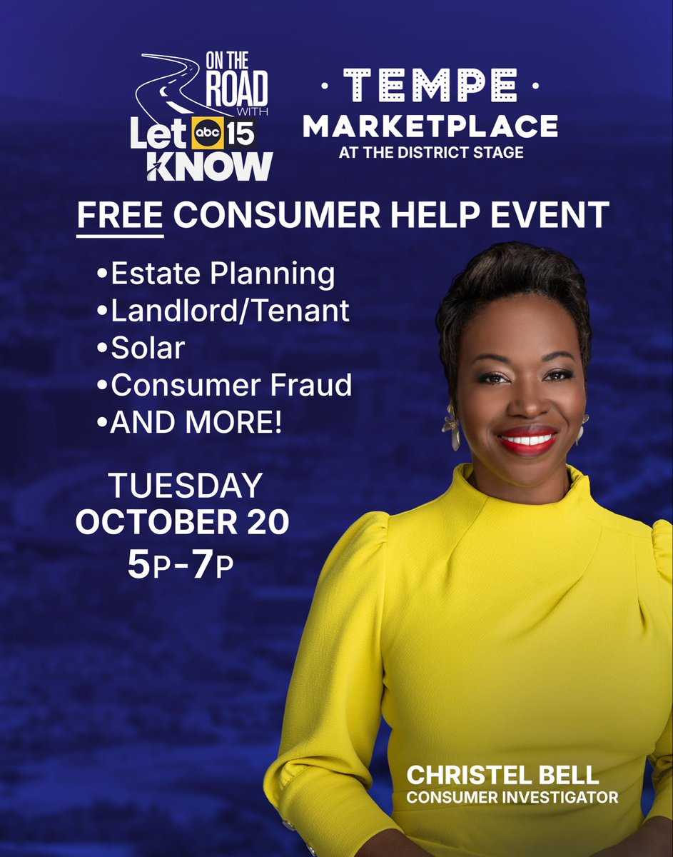 CorpCommAZ's tweet photo. Mark your calendars for October 20, 2026 between 5-7 p.m. The ACC Securities Division will be tabling at the On The Road - Let @abc15 Know
event with @ChristelonTV https://t.co/l6c3DfQbO6