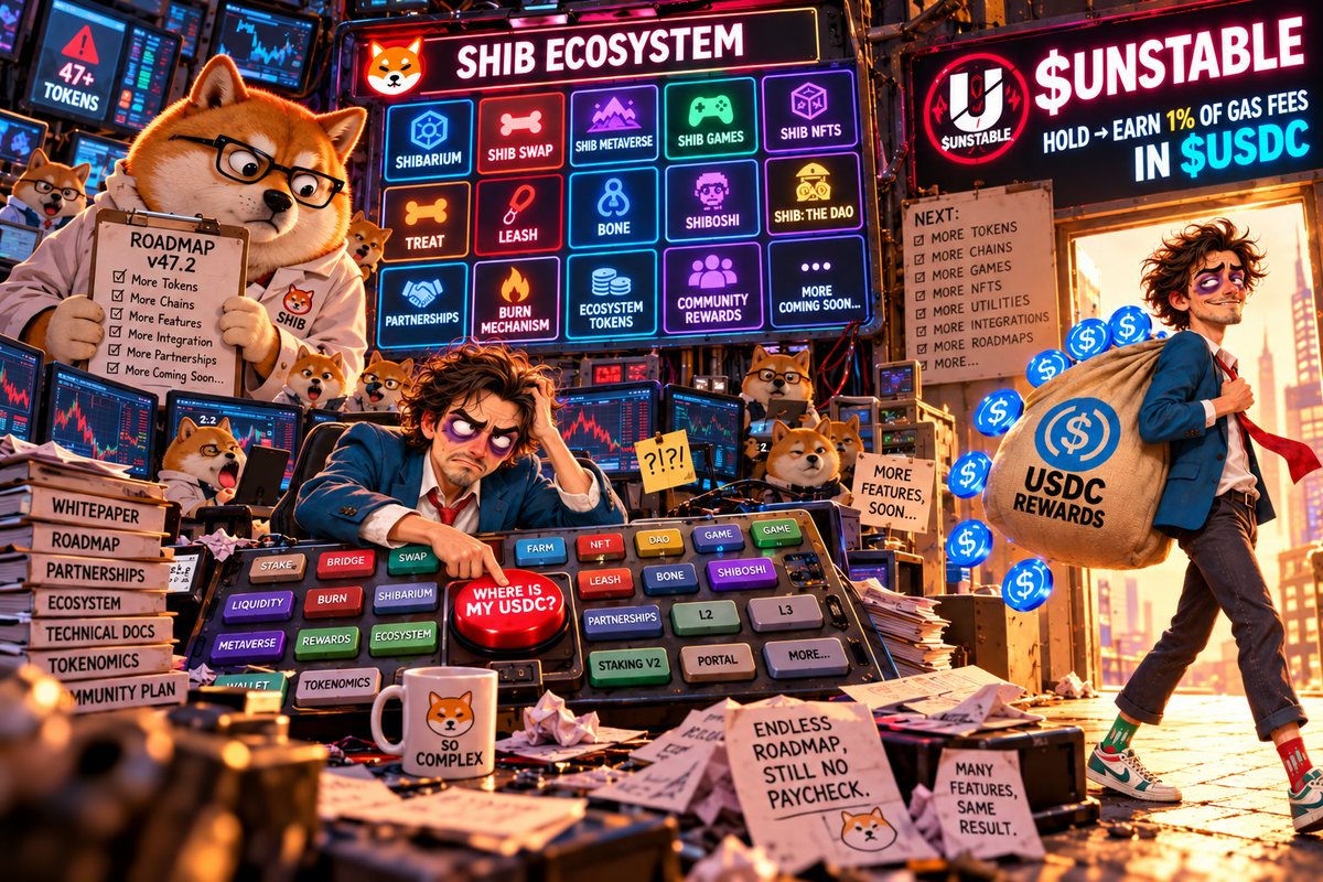 BornUnstable's tweet photo. Seriousy ethereum:0x95ad61b0a150d79219dcf64e1e6cc01f0b64c4ce ?

47 buttons, an L2, and 4 tokens just to avoid paying you in cash.   

Stan slammed the only button that matters: WHERE IS MY USDC?   

$UNSTABLE skips the homework:
 hold the token, get 1% of all gas fees paid directly to your wallet in real$USDC.   

Keep reading Roadmap v47. Stan is taking the cash out the back door. 

@BornUnstable  #SHIB
