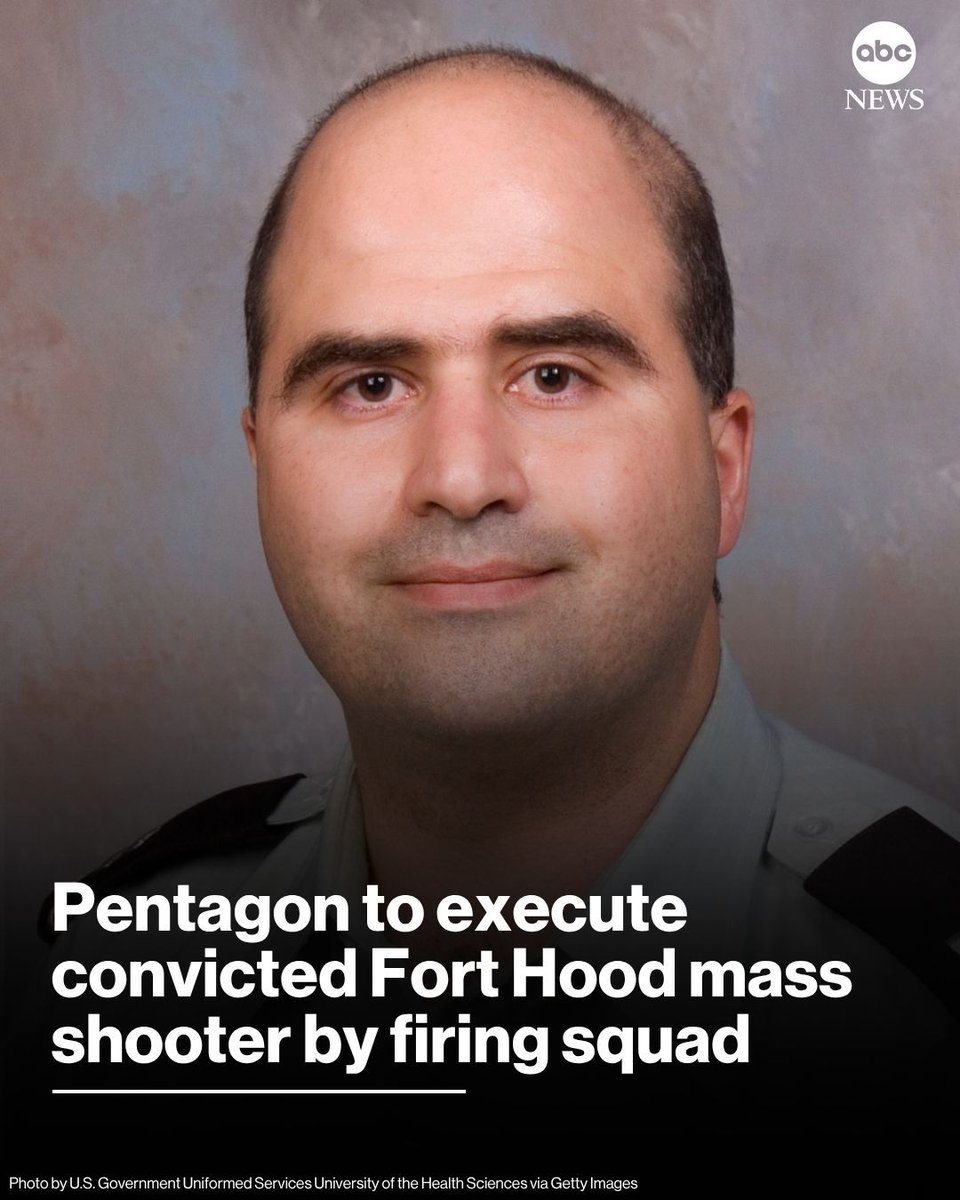 ABC's tweet photo. The Pentagon announced Monday that Nidal Hasan, who was sentenced to death for the 2009 mass shooting at Fort Hood, will be executed by firing squad, marking the first U.S. military execution in more than 60 years.

Read more: https://t.co/XVpkYrCR3X https://t.co/GgBwospwSi