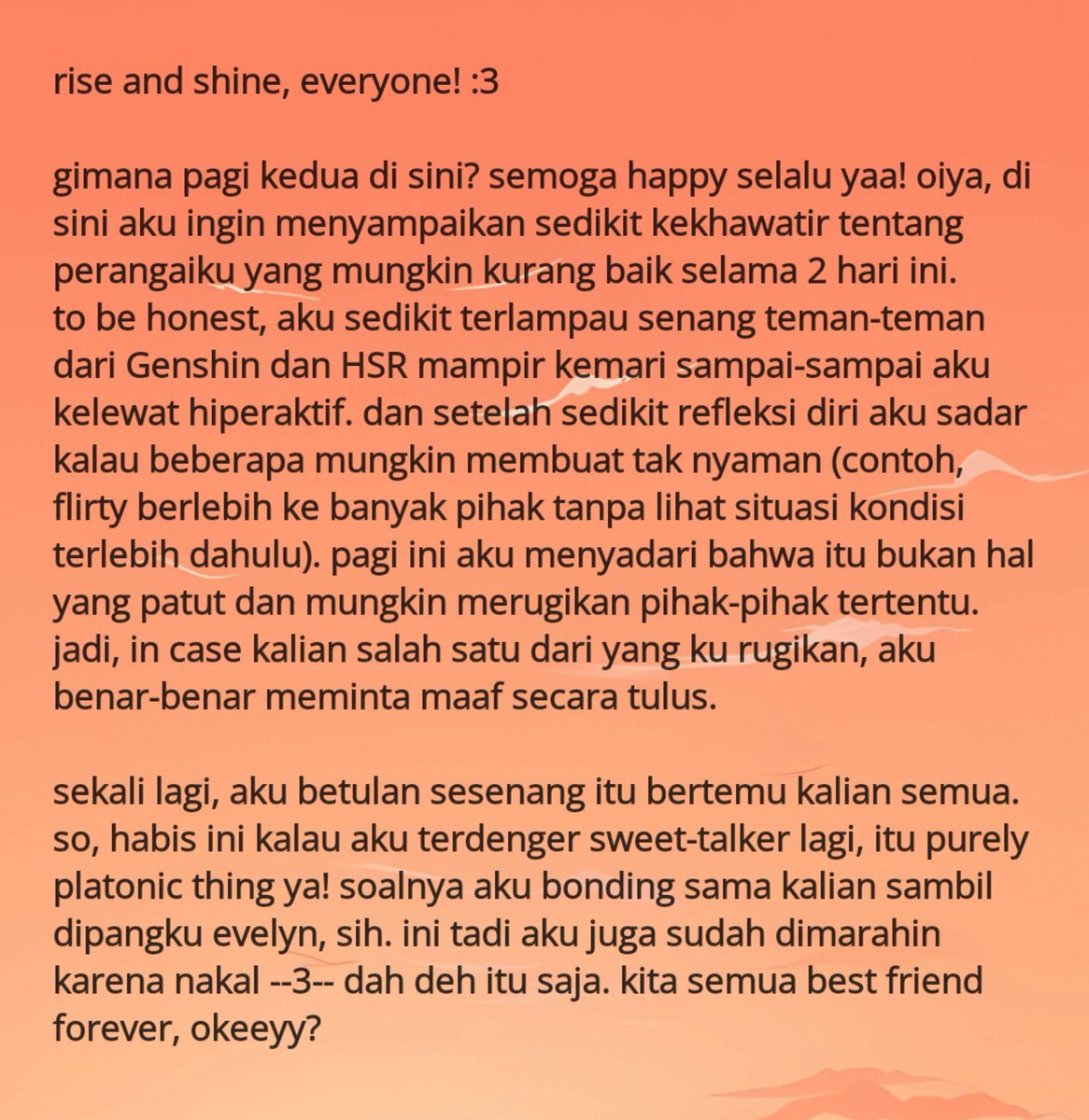KerjoAstraYao's tweet photo. selamat pagi! ada sedikit yg ingin gadis petir ini sampaikan. apakah teman-teman berkenan untuk membaca sejenak? terimaksih sebelumnya! 🧡⚡ https://t.co/IEBNgUVnog