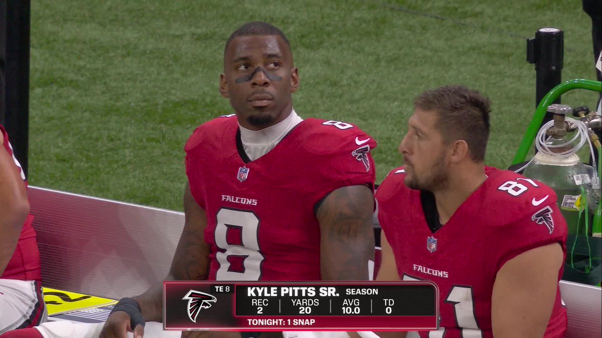 ESPNFantasy's tweet photo. Kyle Pitts only has 2 catches for 20 yards this season 😬 https://t.co/Gt12bf3cjX