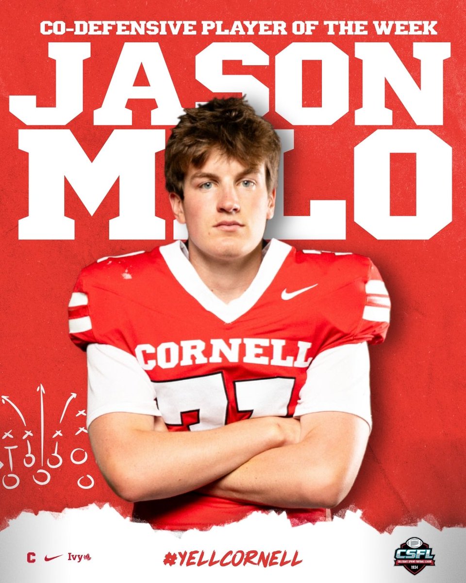 CUsprintFB's tweet photo. Jason Milo is your CSFL Co-Defensive Player of the Week. 

The sophomore linebacker had a day on Saturday, putting up eight tackles including a TFL and two interceptions. 

#YellCornell #CSFL https://t.co/aig61ijkc1