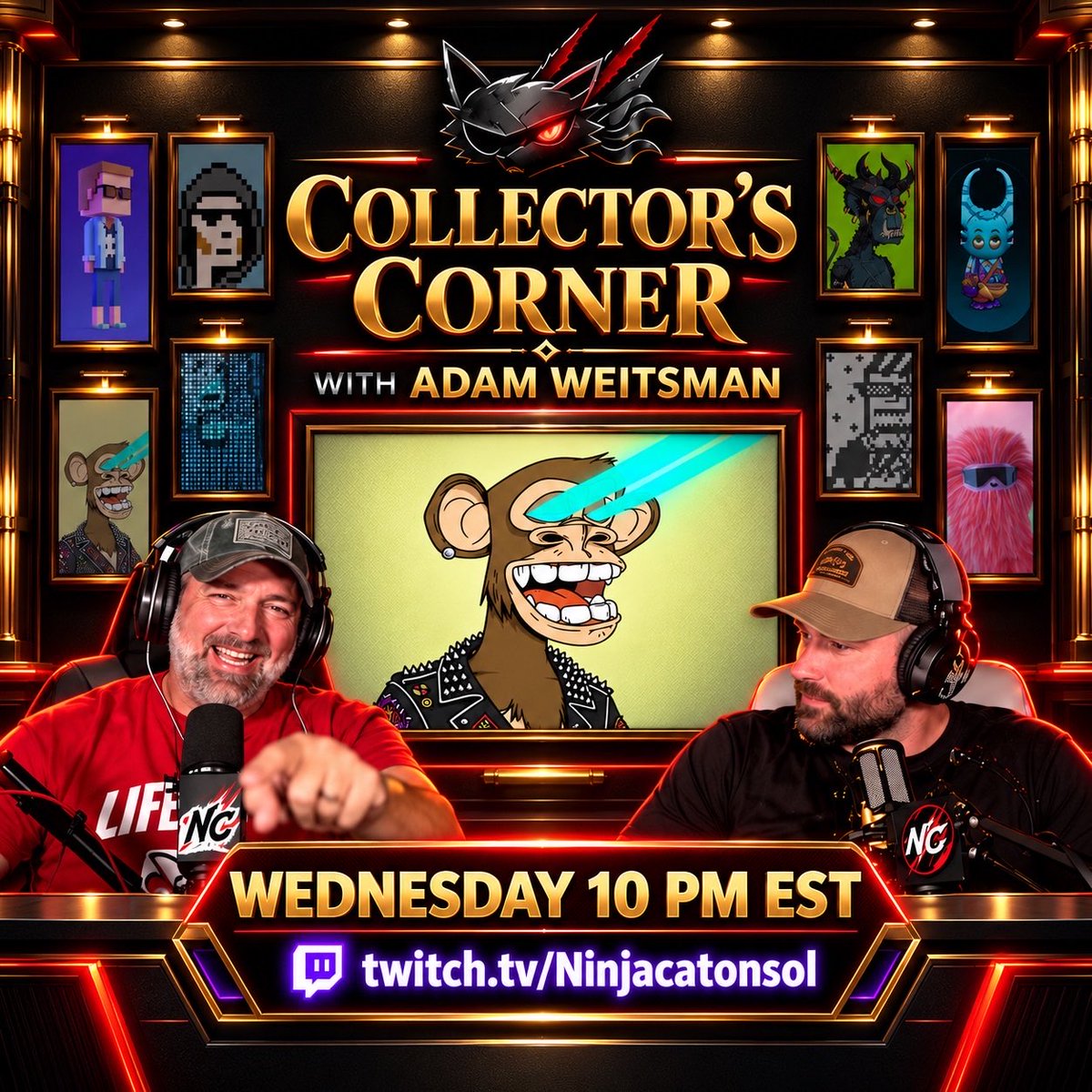 AdamWeitsman's tweet photo. Tune in this Wednesday night to @NinjaCatLive on Twitch ! I think I’m going to do some really CRAZY giveaways on this Collectors Corner to make up for you having to listen to my boring personality. Clearly the  scheduled guest must have cancelled last minute and they got desperate to have me as a replacement 😂 😂😂. See you there !!!@BubbaGumpNCX