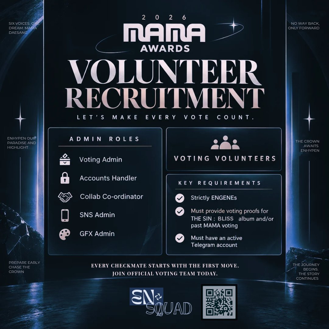 EN_SQUADVT's tweet photo. [#2026MAMA — RECRUITMENT📢]

MAMA season is approaching, and we need more hands on deck!🏆

Join our team as a Voting Volunteer or Collab Coordinator and be part of #ENHYPEN’s MAMA preparations.

🔗https://t.co/GzC2k9uehr

Don’t wait until voting starts— preparation starts now.🔥 https://t.co/caSVov1Efk