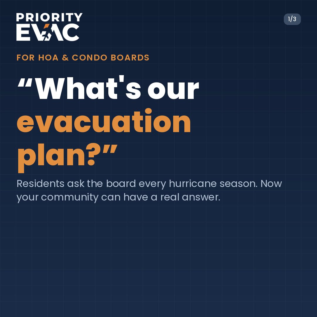 priorityevac's tweet photo. “What's our evacuation plan?” Residents ask HOA &amp; condo boards every hurricane season. PriorityEvac gives your community a real answer, board-sponsored or resident opt-in. Contact us today: https://t.co/wWNZBPUVdv #HOA #BeFirstOut https://t.co/WD8DaIDEqs