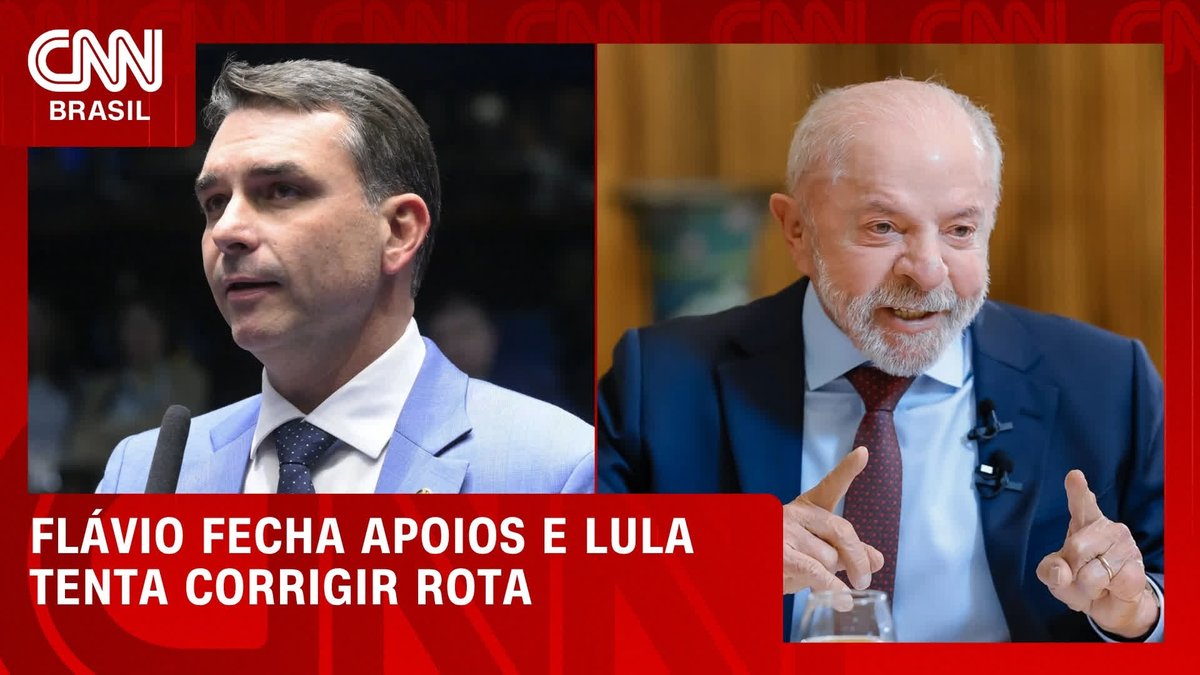 A CNN Brasil news segment featuring split-screen images of Flávio Bolsonaro and President Lula, with the headline "FLÁVIO FECHA APOIOS E LULA TENTA CORRIGIR ROTA," illustrating the political developments mentioned in the #CNNPrimeTime broadcast about Flávio securing endorsements and Lula adjusting his political course.