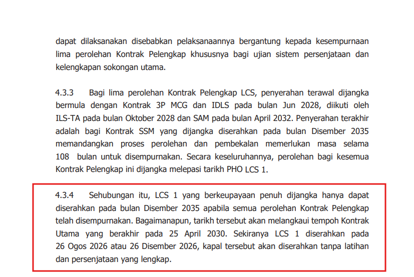 syahir's tweet photo. "LCS 1 yang berkeupayaan penuh dijangka hanya dapat diserahkan pada bulan Disember 2035 apabila semua perolehan Kontrak Pelengkap telah disempurnakan. Sekiranya LCS 1 diserahkan pada 26 Ogos 2026 atau 26 Disember 2026, kapal tersebut akan diserahkan tanpa latihan dan persenjataan yang lengkap."

baru LCS 1 😭