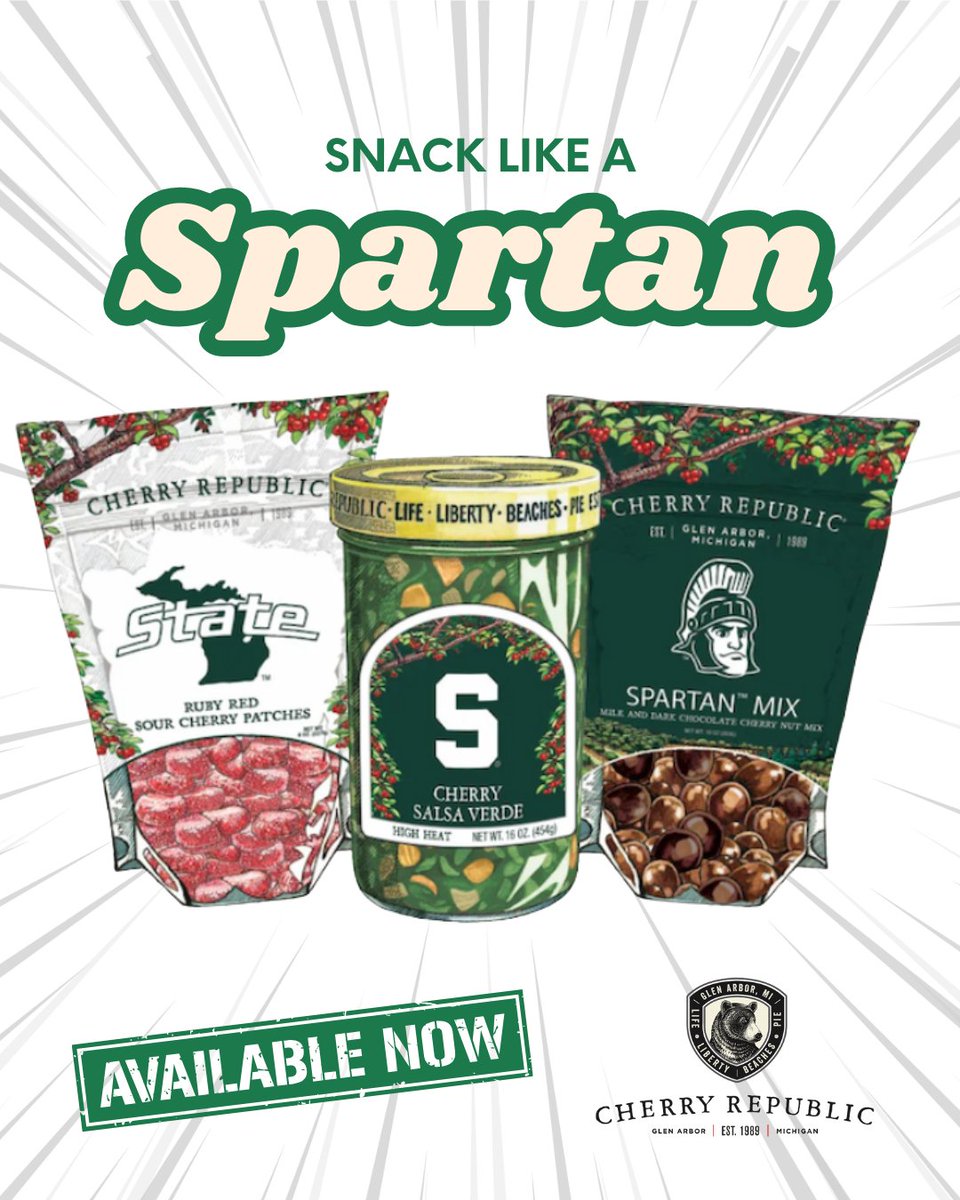 MSUGear's tweet photo. 💚 Go Green, Go Cherry! 💚

JUST released... Michigan's own @CherryRepublic has bundled three of their very best products in green and white, making it the perfect gift for students, alumni, and every Spartan fan you know. From tailgates to residence hall snacking, it's a sweet way to show some school spirit.

🍒 Sour Cherry Patches
🍒 Cherry Salsa Verde
🍒 Spartan Mix

Available now at https://t.co/aqjdUMKNLq