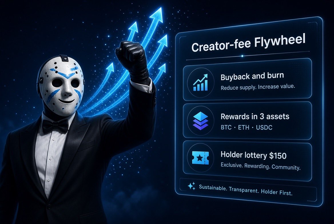 stonkmask's tweet photo. Creator fees can now fund the token instead of just sitting in a wallet.

Flywheel on StonkMask gives you three ways to route them:
•  Buyback & burn: buy your own token and burn it once fees hit $20+

•  Rewards in 3 assets: fees buy three pairs you pick and pay holders in proportion to what they hold

•  Holder lottery: a $150 pot goes to one eligible holder. You set the minimum hold to qualify
No transfer tax. 

Pick the strategy, set the cycle threshold, choose the pair