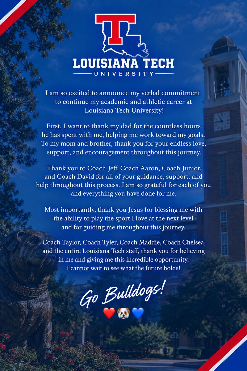 CarleeRabal's tweet photo. Go Bulldogs! 💙🐶❤️ #commited 

@la_techSBCoachT @TKrobetzky @madiegreen27 @CoachJeffMartin @CoachValtier @coachjrtorres @ImpactGoldOrg https://t.co/GhYZ8u2VUW