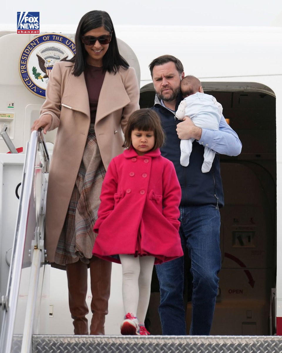 FoxNews's tweet photo. The Vance family arrives in Alaska aboard Air Force Two ahead of Vice President JD Vance's midterm campaign event.

Second lady Usha Vance and daughter Mirabel step off the plane as the vice president carries their youngest son, Alec.

Vance is set to campaign for Sen. Dan Sullivan and local Republicans during a rally in Fairbanks ahead of the November midterms.