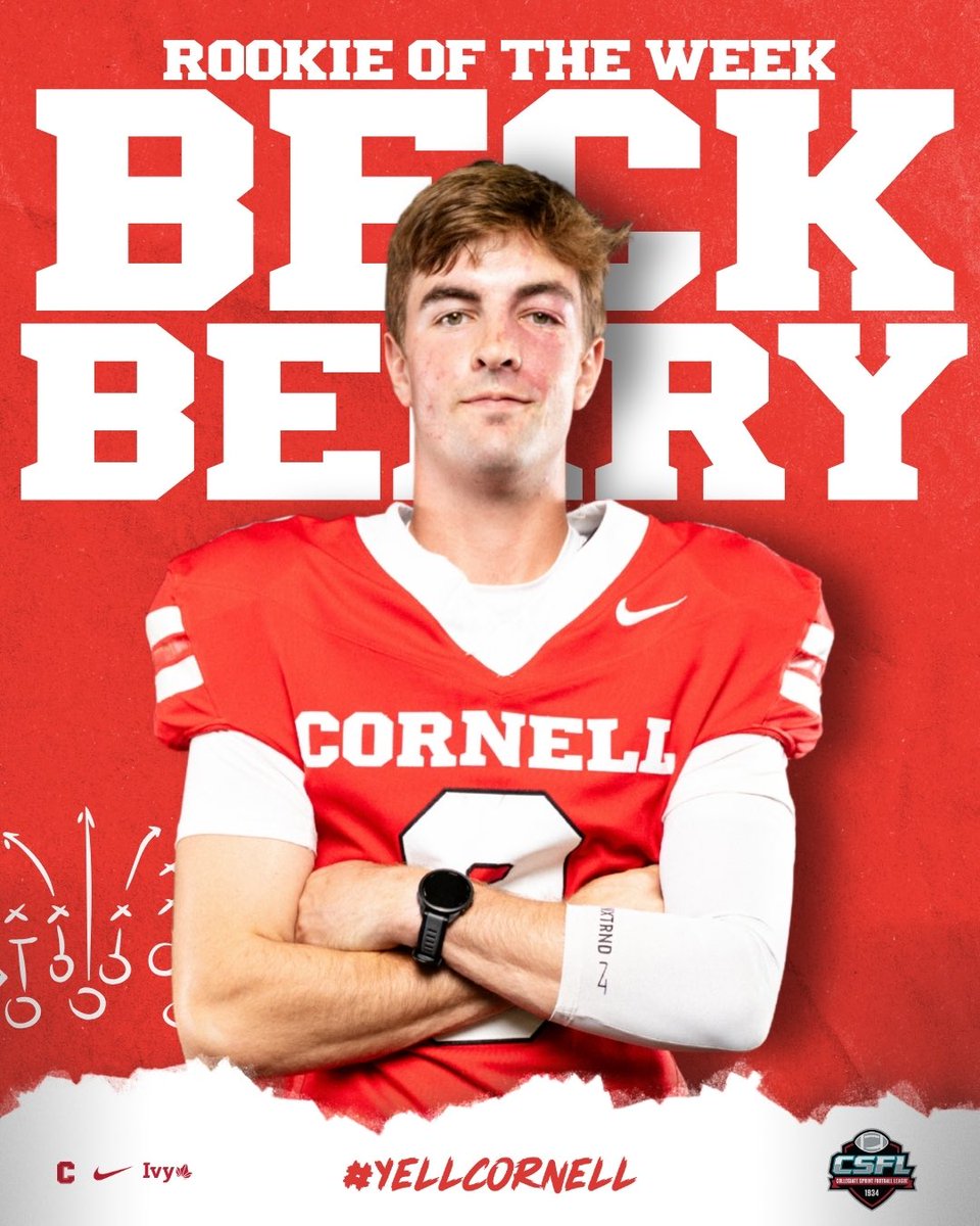 CUsprintFB's tweet photo. Congrats to Beck Berry on being named the CSFL Rookie of the Week!

The freshman QB went 10-of-14 passing for 168 yards and two touchdowns. 

#YellCornell https://t.co/uZIgpswPWH