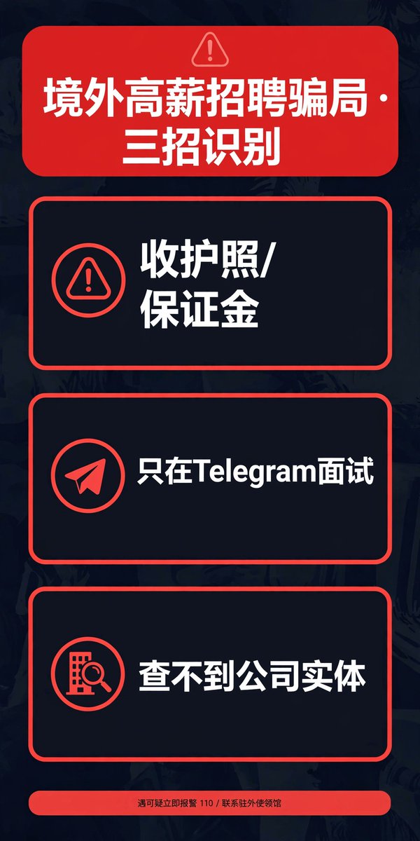 GPPY666's tweet photo. 缅北电诈又上热搜了。央视纪录片《缅北电诈覆灭纪实》10月5号开播，披露：为查1020枪击案，中国警方冒战火进入果敢电诈园区，挖出3具中枪的同胞遗体——此前缅方通报“无中国人死亡”。

扎心的是：很多人不是被绑去的，是被“高薪招聘”骗去的。境外月薪两三万、包机票包吃住，招客服/翻译/游戏推广——这套话术今天还在用。

避坑三招：
1.让你先交护照、交“保证金”的直接拉黑，正规公司不收这个
2.天眼查搜不到公司实体、面试全程只在Telegram、拒绝视频看办公环境，99%是坑
3.真被困打12308外交部领保热线，或找中国驻当地使领馆

#避坑 #教程