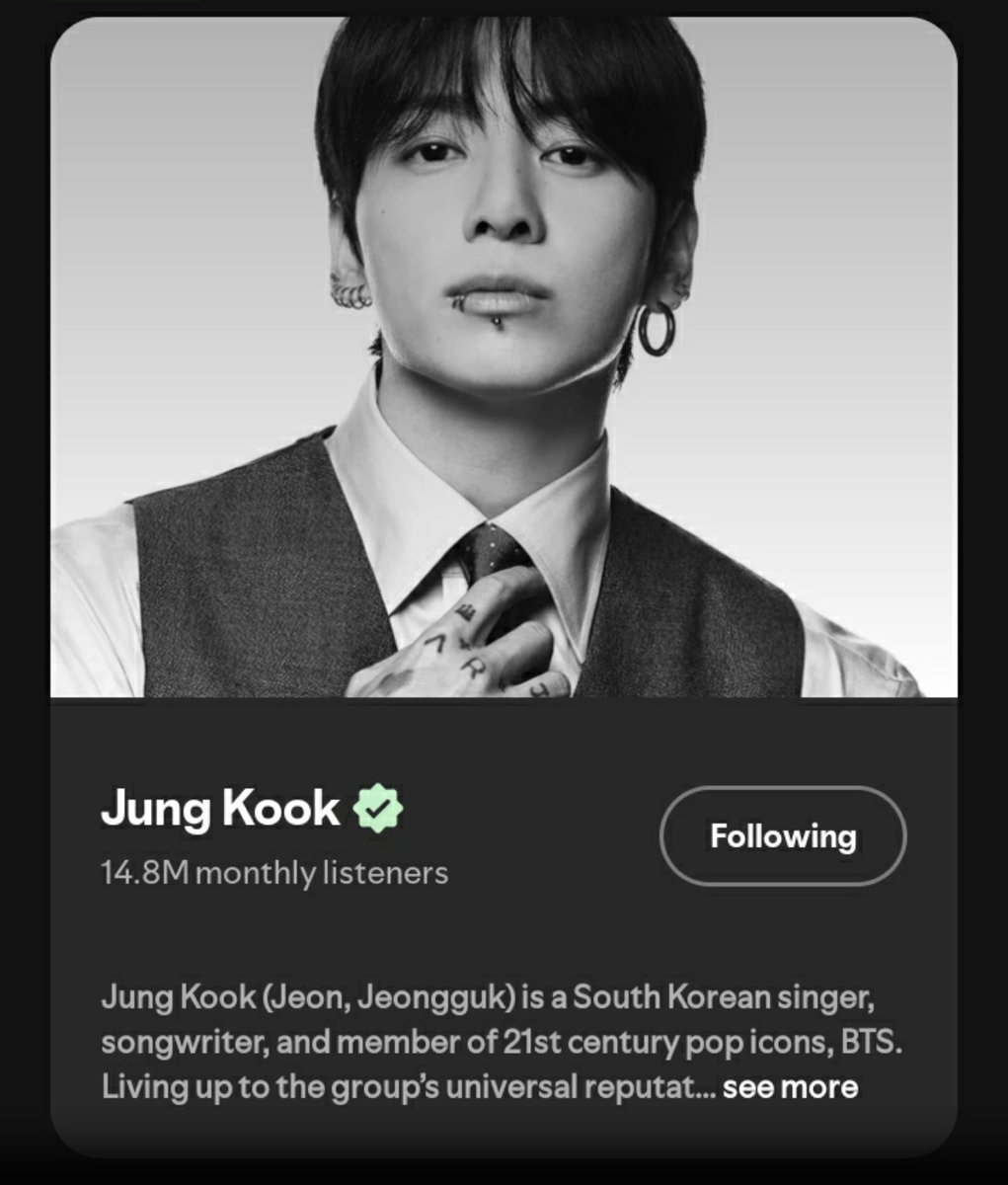jjklovers22's tweet photo. JUNGKOOK Daily Monthly Listeners

10.01 - 14,834,225 [-12,033]
10.02 - 14,802,532 [-31,800]
10.03 - 14,789,086 [-13,446]
10.04 - 14,773,286 [-15,800]‼ https://t.co/nD6SgtaM7Z