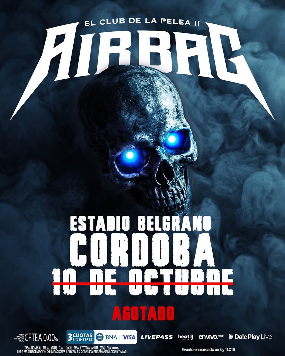 ME_Airbag's tweet photo. A 5 días de su show, la banda agota oficialmente su primer estadio en Córdoba 💀🏟 https://t.co/tDStXxSbRa