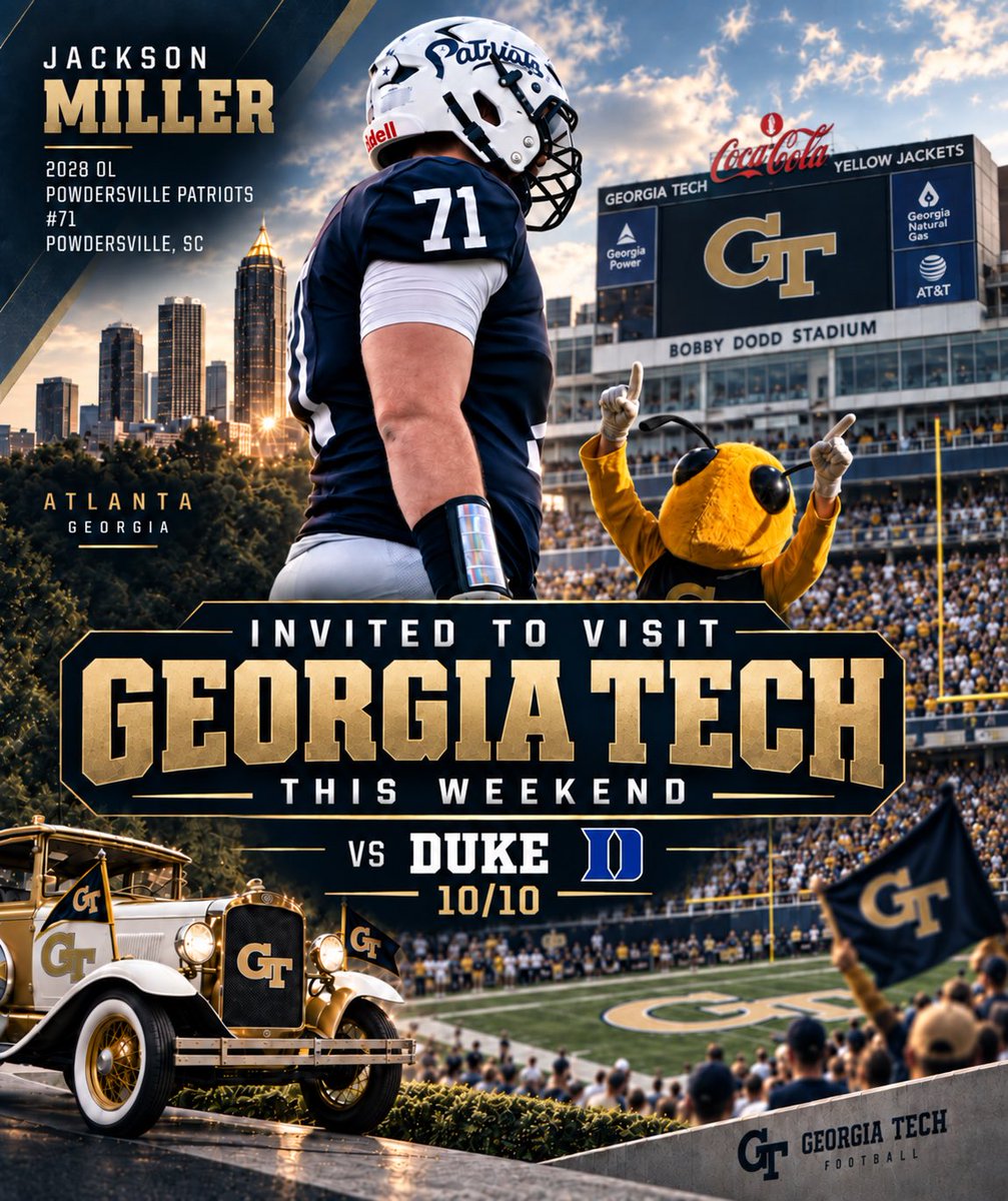 BigRedJax's tweet photo. 🅰️ Headed to the A this weekend! 🐝

Really excited to visit Georgia Tech and the opportunity to experience Bobby Dodd on game day. Looking forward to meeting the staff, learning more about the program and the school, and building relationships with the coaches. 🏈

@GeorgiaTechFB @CoachBrentKeyGT @coachmogridge @CoachAnderson28 @alonzobowens21 
@247Sports @Andrew_Ivins @AnnaH247 @PrepRedzoneSC @iGuerin @Hayesfawcett3

Jackson Miller | 2028 OL | #71
6’5” | 265 lbs | Powdersville High School

#StingEm #AGTG #ClassOf2028 #OL #RecruitSC #GTFootball