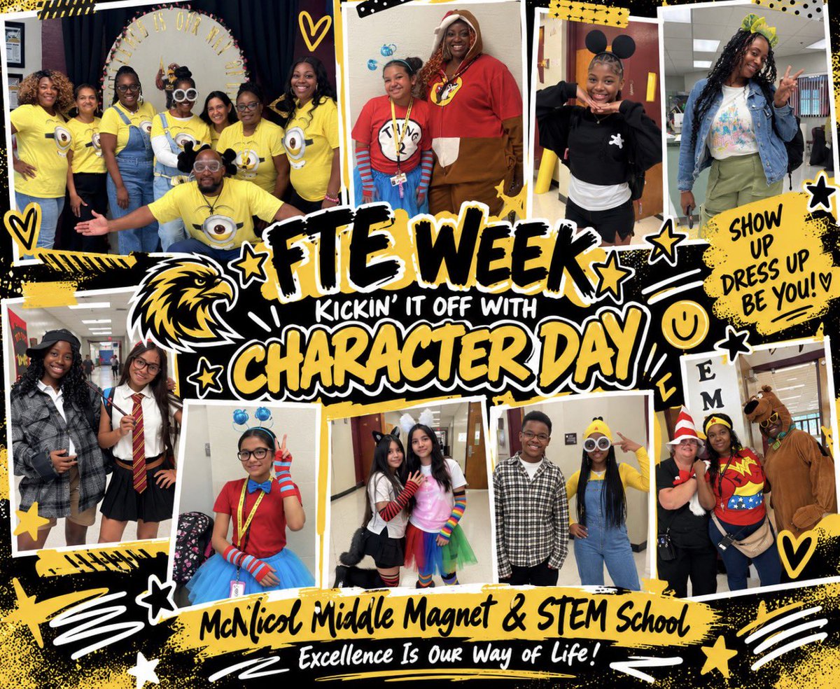 McNicolHawkLife's tweet photo. McNicol kicked off FTE Week in style with Character Day! Our Hawks showed up, dressed up, and brought their favorite characters to life!                               Attendance matters—every day counts! @browardschools 
#McNicolMiddle #FTEWeek #ExcellenceIsOurWayOfLife https://t.co/XepjOo5H66