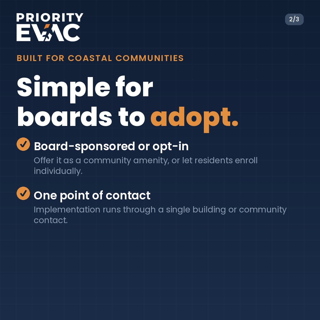priorityevac's tweet photo. “What's our evacuation plan?” Residents ask HOA &amp; condo boards every hurricane season. PriorityEvac gives your community a real answer, board-sponsored or resident opt-in. Contact us today: https://t.co/wWNZBPUVdv #HOA #BeFirstOut https://t.co/WD8DaIDEqs