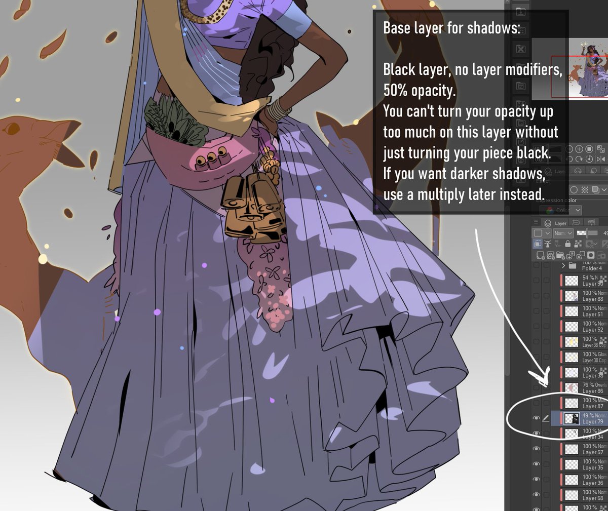 kingfelli's tweet photo. people wonder how I shade with black, so here's a quick breakdown!

No crazy tricks, it's just strategy :)
I use a saturated base colour, so the black de-saturates my piece &amp; outlines my focus point colours.

Check my YT if you want to learn more about my art tho! https://t.co/V1fjcOPDfK
