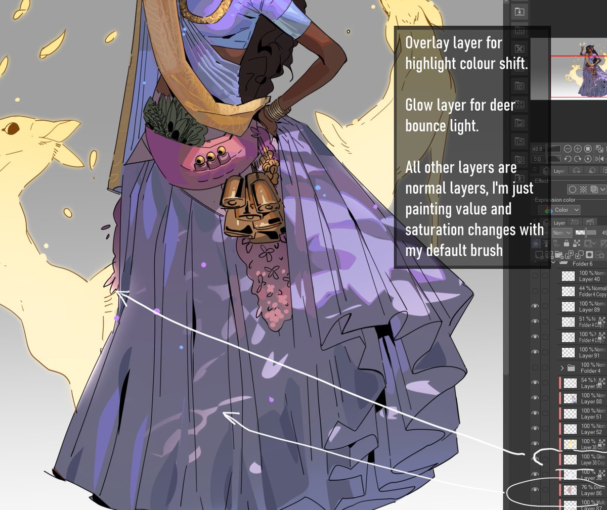 kingfelli's tweet photo. people wonder how I shade with black, so here's a quick breakdown!

No crazy tricks, it's just strategy :)
I use a saturated base colour, so the black de-saturates my piece &amp; outlines my focus point colours.

Check my YT if you want to learn more about my art tho! https://t.co/V1fjcOPDfK