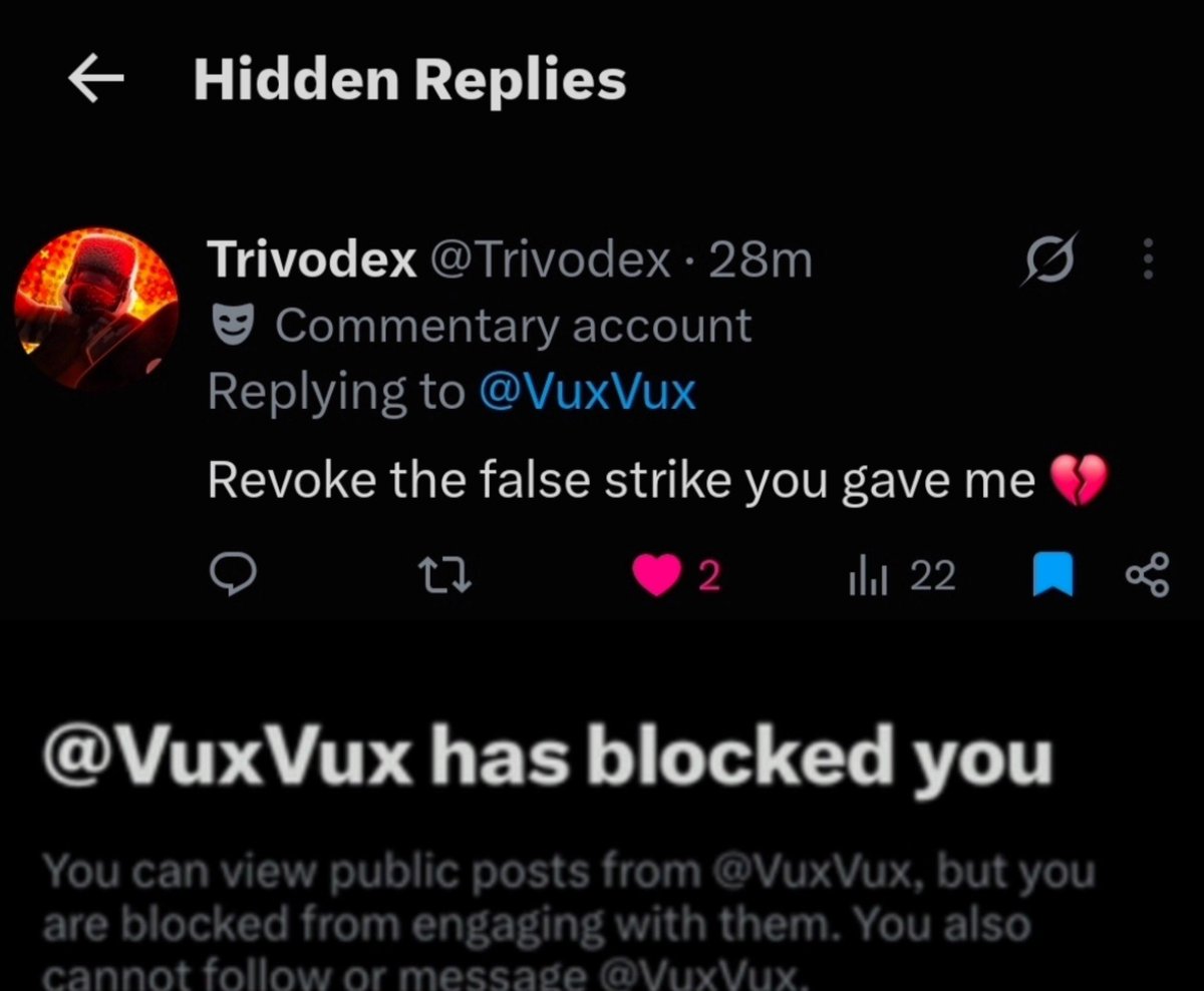 Saammuel's tweet photo. Recently I received 2 false copyright strikes on almost 3 year old short content by the 13 Million subscriber Roblox channel VuxVux (@VuxVux). Whilst the content was  commentary short slop, it was fair use. I reached out to him on Instagram and in emails to attempt to resolve the matter and was blocked & ignored. 2 other smaller creators (Trivodex and MaskFor1) have also been falsely struck by VuxVux in the past week. One of these creators, Trivodex, has had his reply hidden and been blocked after calling him out for this.
