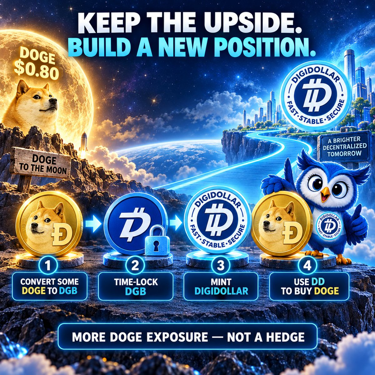 DigiDollarcoin's tweet photo. If $DOGE reaches $0.80, what’s your plan?

One option:

$DOGE → $DGB → time-lock DGB → mint $DD → rebuild a DOGE position.

This maintains DOGE exposure while locking DGB as collateral. It isn’t a hedge, and the DD must be returned to redeem the DGB. https://t.co/xXMTETaikk