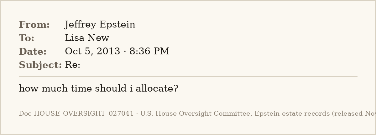 EpsteinsEmails's tweet photo. 📧 Oct 5, 2013 · 8:36 PM
From: Jeffrey Epstein
To: Lisa New

Harvard poetry professor Elisa New has lined up McCain, Tony Kushner and Al Gore for her series and wants Woody Allen next; Epstein, playing scheduler: "how much time should i allocate?"
#EpsteinFiles https://t.co/6urQ9aNC8l