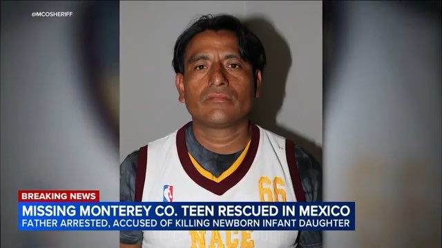 A news broadcast from @MCOSHERIFF displays a mugshot of a man in a basketball jersey with a breaking news banner reading 'MISSING MONTEREY CO. TEEN RESCUED IN MEXICO' and 'FATHER ARRESTED, ACCUSED OF KILLING NEWBORN INFANT DAUGHTER'.