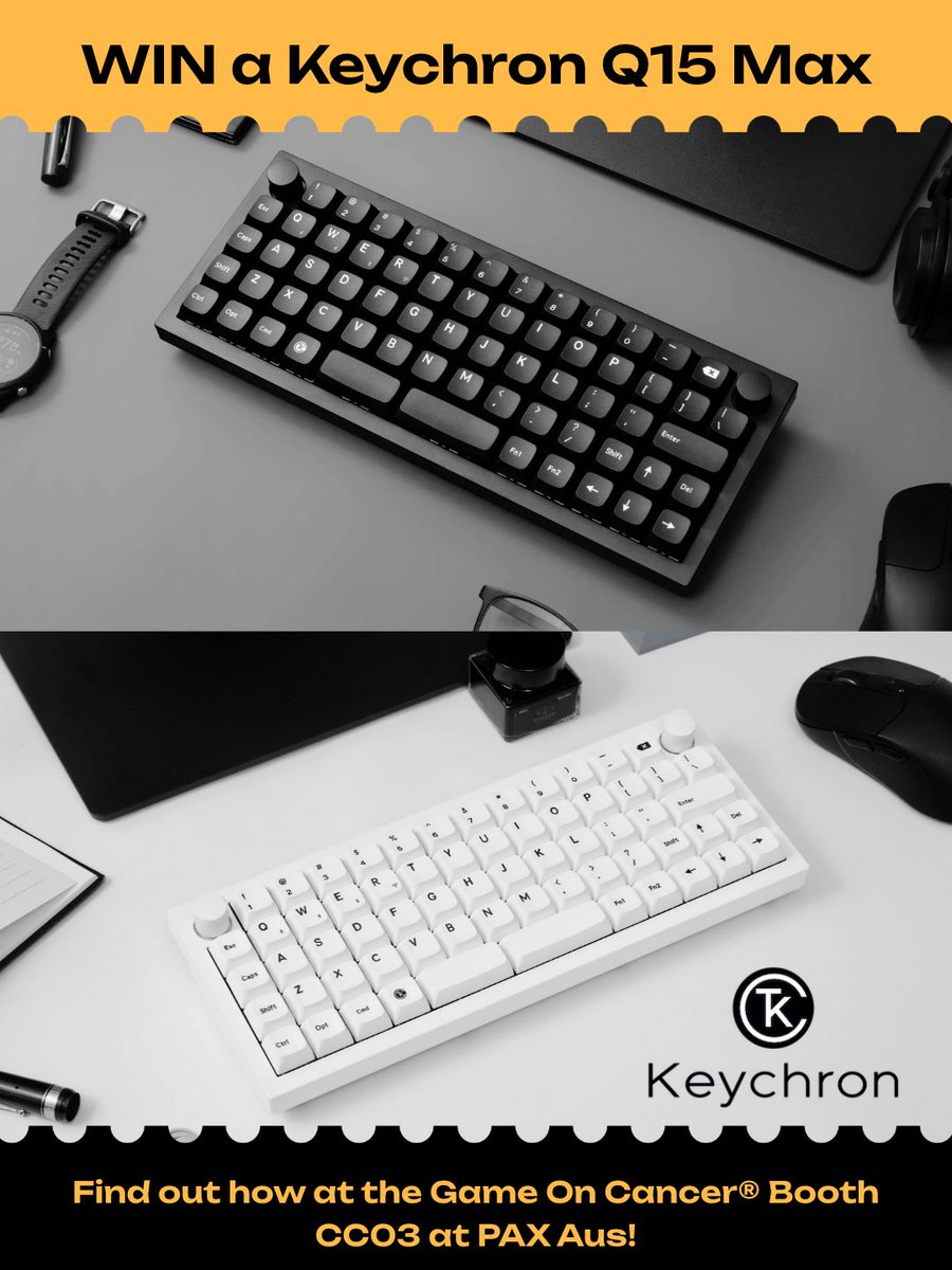 GameOn_Cancer's tweet photo. Massive thanks to @KeychronA for sponsoring Q15 Max keyboards to our PAX prize draw! Full metal, wireless, endlessly customisable. Normally $349, and we're giving a few away this weekend.
Come find us at booth CC03 for your shot at winning one 🎹
#GameOnCancer #PAXAus https://t.co/E1hNWFOCDD