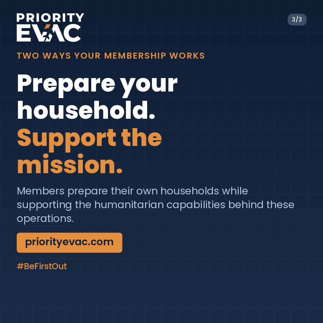 priorityevac's tweet photo. Your PriorityEvac membership helps Americans in crisis. A portion of every membership supports Project Dynamo's 501(c)(3) humanitarian mission. Prepare your household. Support the mission. https://t.co/HtD6ERHZZh #BeFirstOut https://t.co/tt2chWQQP6