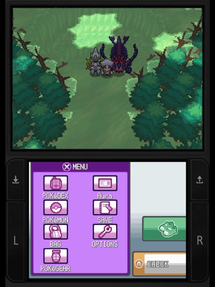 A Nintendo DS screen displays a Pokémon game in progress, showing pixelated characters and creatures in a forest, with a menu below offering options like Pokédex, Pokémon, Bag, Pokégear, Aura, Save, and Options.
