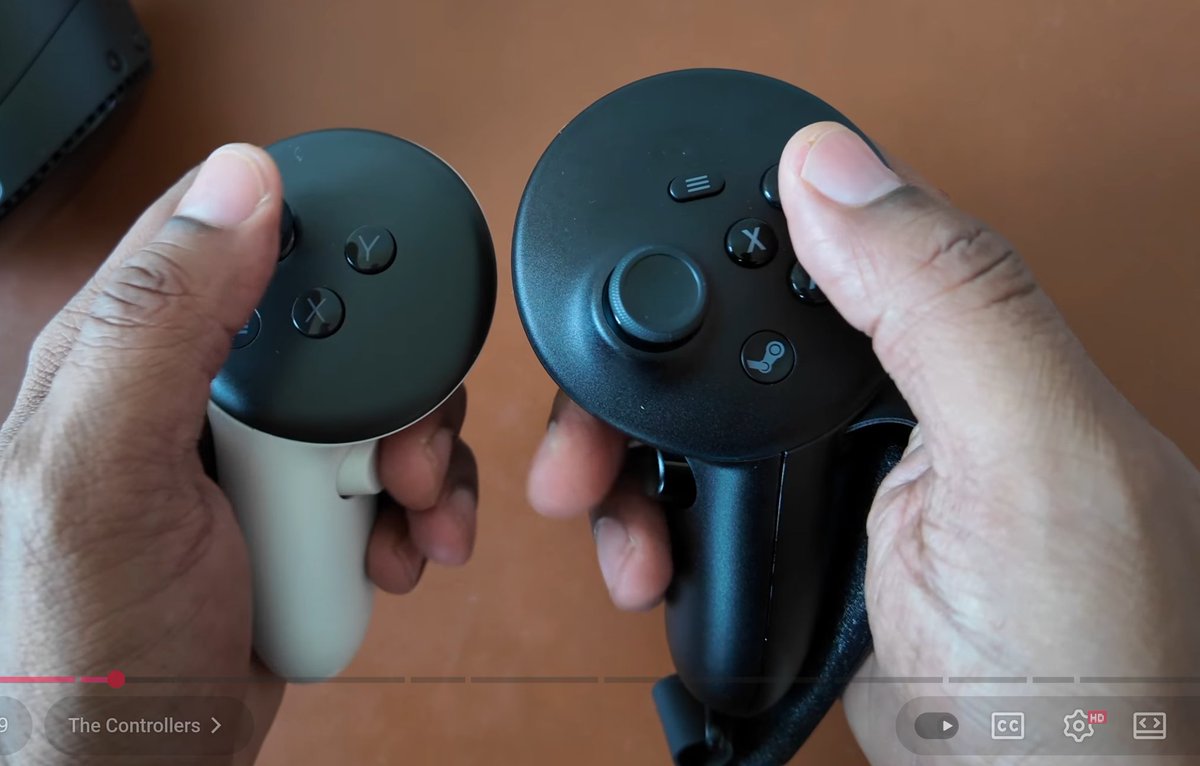 vampvideovr's tweet photo. VR controller hall of shame, look at that size difference! 

larger controllers has smaller buttons.
and buttons on one, dpad on another.
thumbstick positioning/size is just awful.
also no thumbrest, incredibly useful rest-state input.

contrast with Quest3 controllers, they're perfected. 
perfect size/weight/ergonomics/balance/feel.
any smaller/bigger would've been worse.