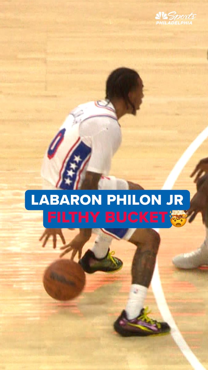 NBA player LaBaron Philon Jr., wearing the Philadelphia 76ers' white uniform, dribbles the basketball during a game. The image features overlaid text reading "LABARON PHILON JR FILTHY BUCKET 🤯" with the NBC Sports Philadelphia logo in the corner, capturing a moment highlighted as a great play in the "Philly Philon" post.
