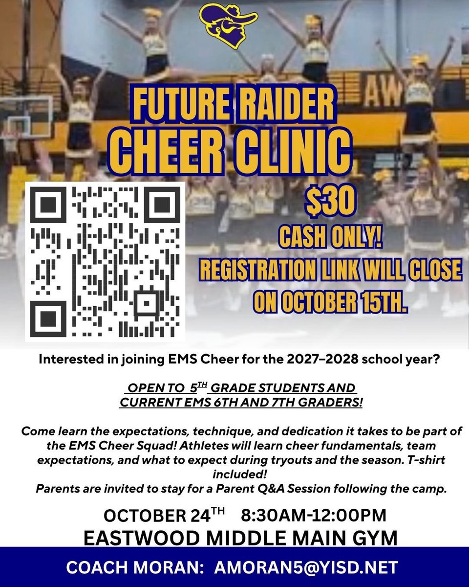 EMS_Raiders's tweet photo. It’s never too early to start thinking about Raider Cheer! 📣 Get a head start and register for our cheer clinic! #RaiderBuilt https://t.co/hs3vkbhBu0