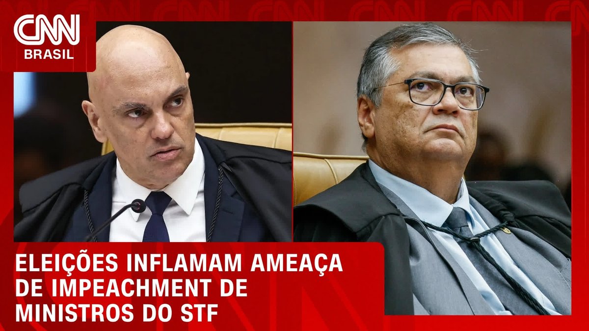 The image is a CNN Brasil news graphic showing side-by-side photos of two Supreme Court justices in judicial robes, with a red banner at the bottom reading "ELEIÇÕES INFLAMAM AMEAÇA DE IMPEACHMENT DE MINISTROS DO STF" (Elections fuel impeachment threat against STF ministers). The headline directly relates to the post's breaking news about the PL party rejecting a deal and pursuing impeachment proceedings against Justices Moraes and Dino.