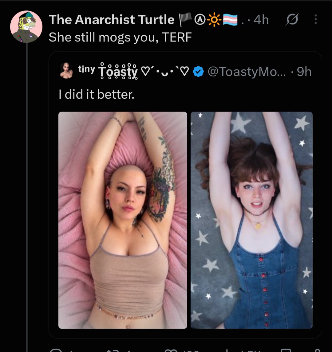 anarchoboognish's tweet photo. Just found out the TERF on the left side generated her picture with AI so it's not even a real picture of her lmaooooooooo https://t.co/I2f1s0cBs9