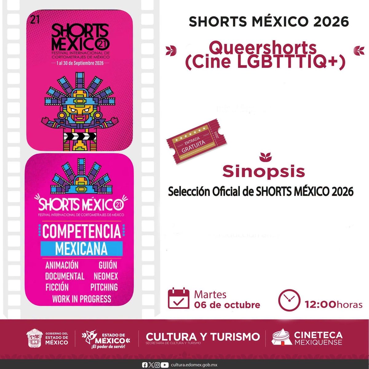 CinetecaEdomex's tweet photo. 🏳️‍🌈🎬 Historias que nos muestran nuevas formas de mirar y sentir. 

🎞️ Muestra de Cine LGBT de Shorts México 2026, un espacio para celebrar la diversidad de voces y miradas.

¡Ven a disfrutarla en la #CinetecaMexiquense!
#ElPoderDeServir https://t.co/SX1lurJHXO