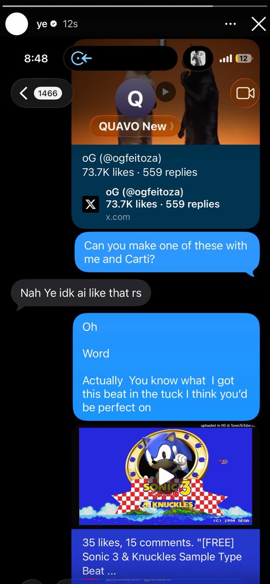 lottareds's tweet photo. Kanye seemingly sends shots at Quavo in an Instagram story that is now deleted😳

Asking for the Carti edit is CRAZY 😭 https://t.co/CSYZ7KnN0L