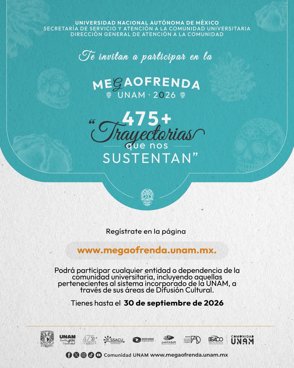 Comunidad_UNAM's tweet photo. ¡Sé parte de la Megaofrenda UNAM 2026!
“475+ Trayectorias que nos sustentan”
📅 Regístrate hasta el 30 de septiembre.
🔗 Consulta las bases: https://t.co/gYzitQhaBk
📩 megaofrenda@dgaco.unam.mx
#Megaofrenda2026 #ComunidadUNAM
@CulturaUNAM @CCHUNAM @RadioUNAM @tvunam https://t.co/o3h3gbWXCe