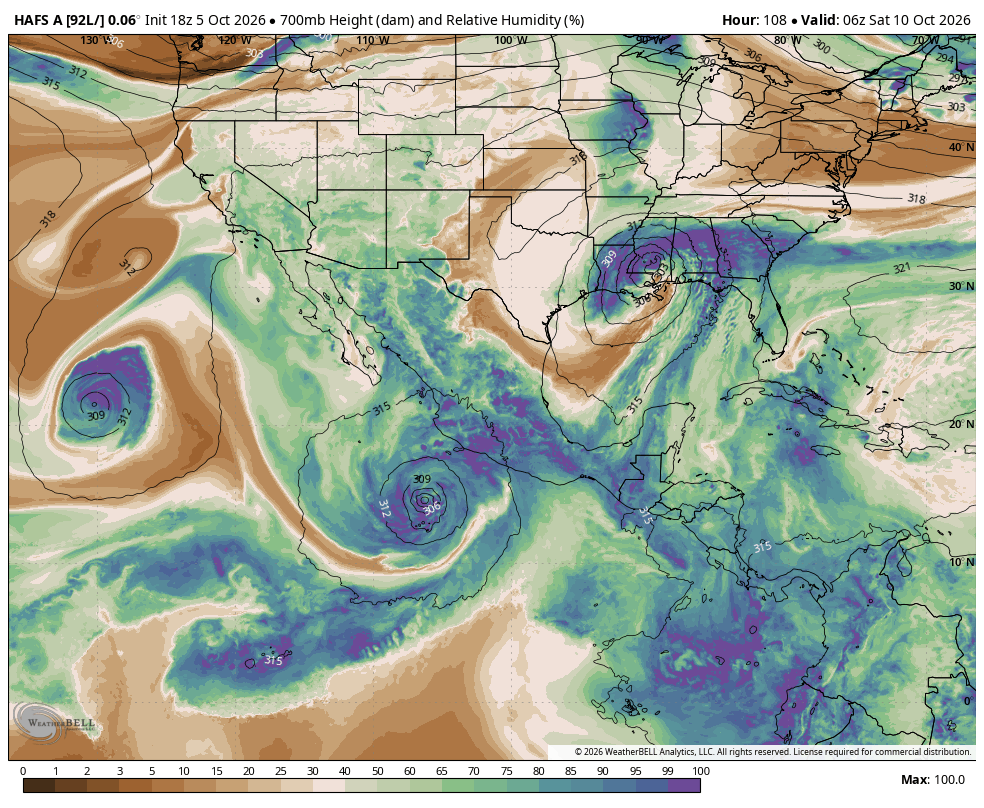 weathertrackus's tweet photo. Without an organized center on Invest 92L at this time, models will be all over the place, and subject to major changes over the next couple of days (at least), so take this guidance with a big grain of salt.

There is general consensus from the storm-specific Hurricane models, along with the AI guidance (and even recently the global NWP guidance) that 92L could strengthen and make landfall somewhere along the Central Gulf Coast.

It's too early to know how strong 92L (potentially future Isaias) will be, due to the uncertain interactions with strong shear and dry air. The Hurricane models (HAFS-A/B shown here) depict dry air getting pulled into the storm before landfall this weekend, which will most likely cap intensity, if shear doesn't do it sooner.

As with any TS/Hurricane landfall (again, intensity is very uncertain at this time, and we won't have a solid range for at least the next couple of days), strong winds, heavy rain/flooding, storm surge, and tornadoes will be possible.

Like we've mentioned earlier today, those along the Central Gulf Coast, generally from the TX/LA border, east through the Florida Panhandle should be in a WATCH position. Monitor the guidance and official forecasts from the National Hurricane Center, and be ready to prepare, should a Tropical Storm or Hurricane impact become more likely, and as the guidance narrows.

There is no need for worry or panic at this time, but now is a great time to make sure you have your seasonal/long-term preparedness items in order, so that should you have to prepare for a potential impact later this week, you'll be able to focus on the short-term items.