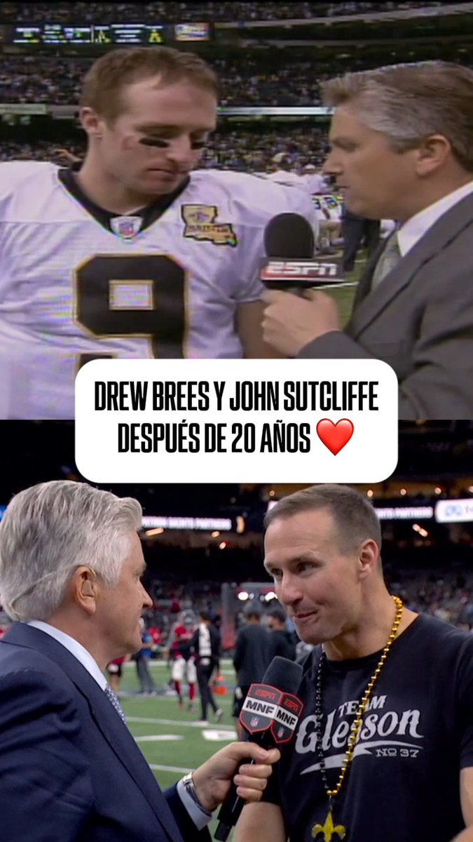 The image is a before-and-after comparison showing NFL quarterback Drew Brees being interviewed by ESPN's John Sutcliffe in two different eras—first as a young New Orleans Saints player (#9) and later wearing a "Team Gleason" shirt—with Spanish text reading "DREW BREES Y JOHN SUTCLIFFE DESPUÉS DE 20 AÑOS" (after 20 years). The caption "Estamos igualitos" ("We look just the same") humorously notes how remarkably unchanged both men appear after two decades, highlighting their still-youthful appearances despite the time that has passed.
