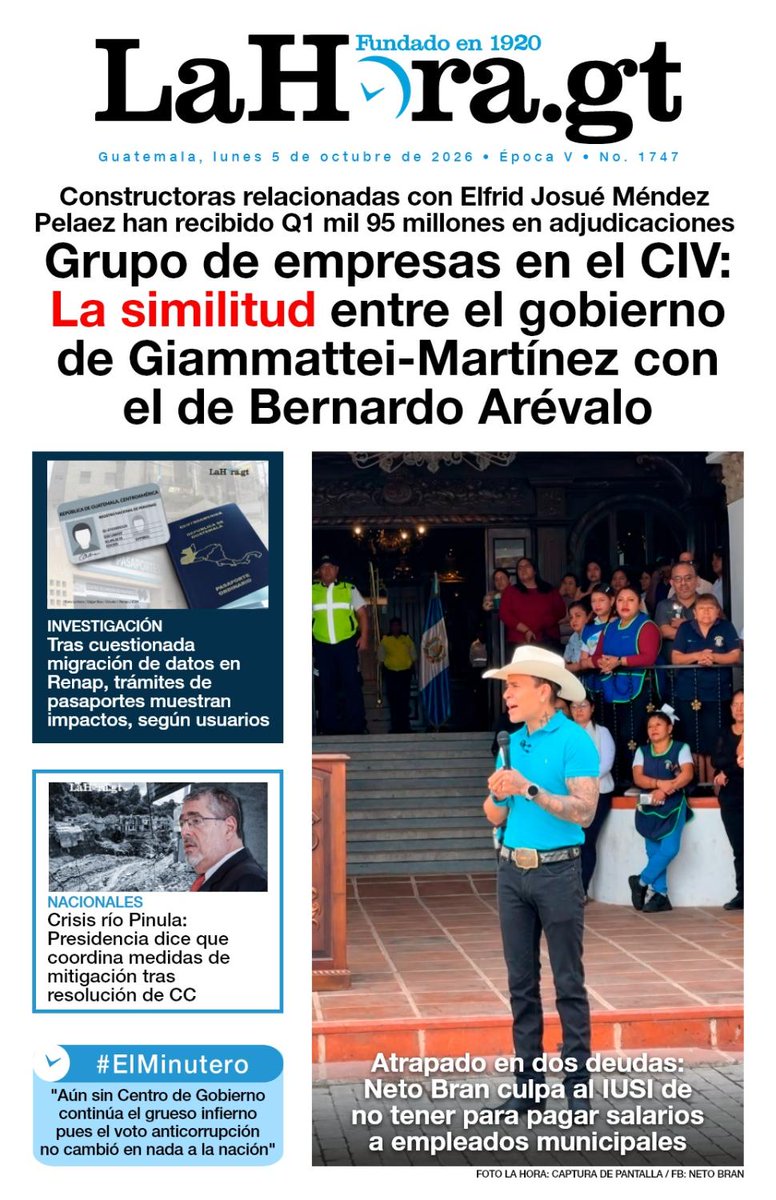 lahoragt's tweet photo. #PORTADADEHOY 📰
📌 Grupo de empresas en el CIV: la similitud entre el gobierno de Giammattei-Martínez con el de Bernardo Arévalo. Todos los detalles aquí 👉 https://t.co/vGyV8WZAzz https://t.co/cYDaJEJjsm
