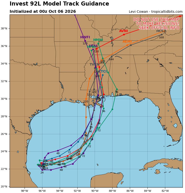 FloridaTropics1's tweet photo. Here are the first spaghetti models for #92L along with the intensity guidance. https://t.co/Fe6qH8SvLU
