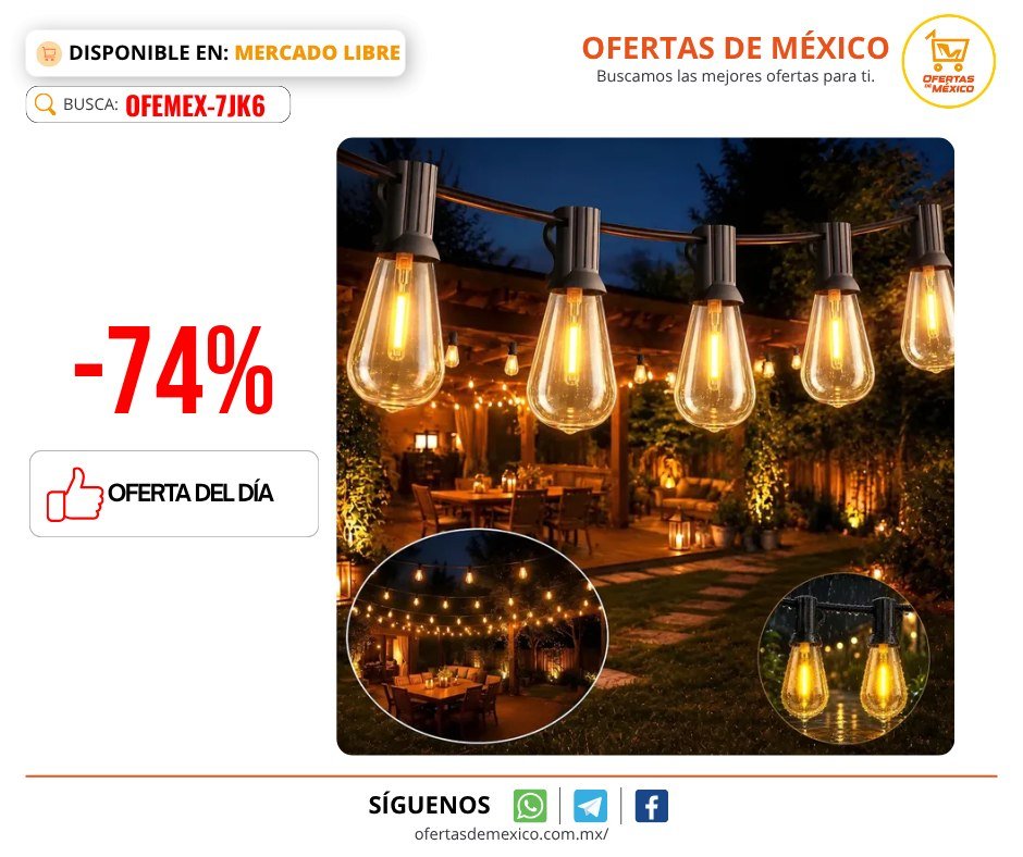 ofertasdemx's tweet photo. 🔥 (-74%) Guirnalda De Luces Led 15m 15+2 Focos De Exterior Vintage

👉🏽 Ver: https://t.co/gvKARWem8Z
🔎 Búscalo con este ID: OFEMEX-7JK6

🟢 Precio Actual: $228.63 🔴 Precio de lista: $896.21
💳 Hasta 3 meses sin intereses de $76.21

#ofertadeldia #mercadolibre #ofertasdemexico https://t.co/Q6etqjQOLo