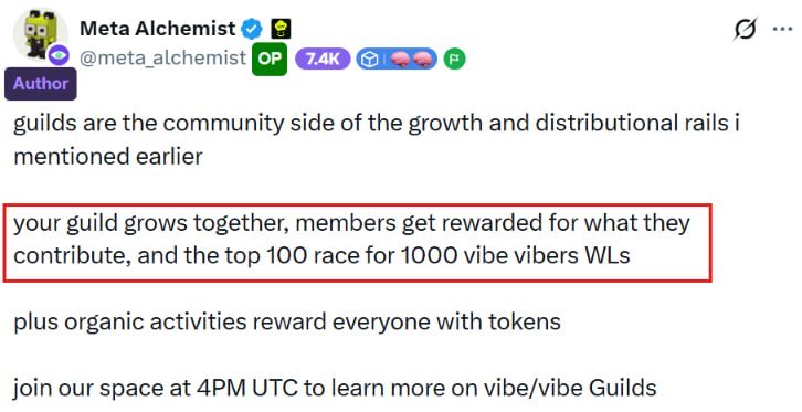 Tahmi100's tweet photo. VibeVibe reward system 

VibeVibe is an sFund project, and there are rewards planned for testnet users:

• 5% of the token supply is planned for testnet users
• 1,000 NFT WL spots are planned for Guilds

New user join HERE:  https://t.co/1ZQtqcVtQH

So if you want to participate, join my Guild and actually do some volume

🔗https://t.co/7L2987kpd8

For more volume, bridge some testnet funds through Arbitrum:
https://t.co/VtBjWq9feK

Then buy/sell this token on VibeVibe:
https://t.co/2aSsPthE5q

One thing though:

If you’re joining, make some volume and actually participate

Let’s see how this plays out.